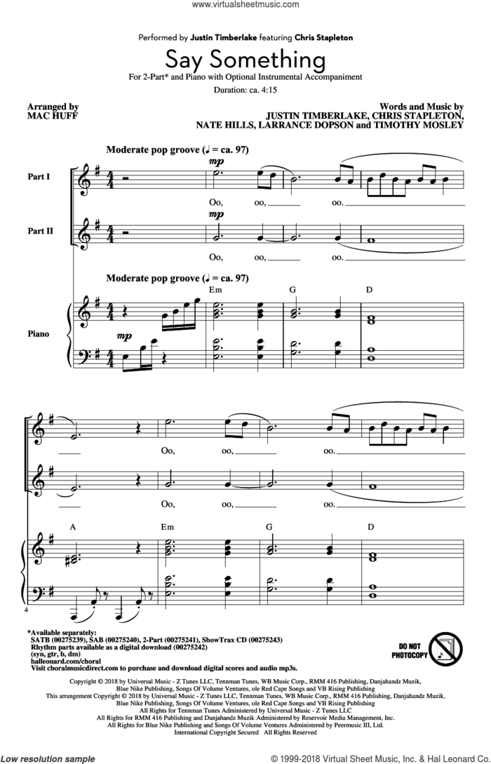 Say Something (feat. Chris Stapleton) (arr. Mac Huff) sheet music for choir (2-Part) by Justin Timberlake, Mac Huff, Justin Timberlake feat. Chris Stapleton, Chris Stapleton, Larrance Dopson, Nate Hills and Tim Mosley, intermediate duet