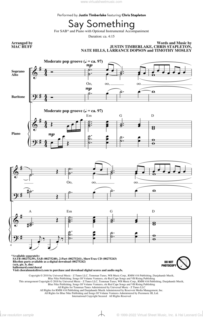Say Something (feat. Chris Stapleton) (arr. Mac Huff) sheet music for choir (SAB: soprano, alto, bass) by Justin Timberlake, Mac Huff, Justin Timberlake feat. Chris Stapleton, Chris Stapleton, Larrance Dopson, Nate Hills and Tim Mosley, intermediate skill level