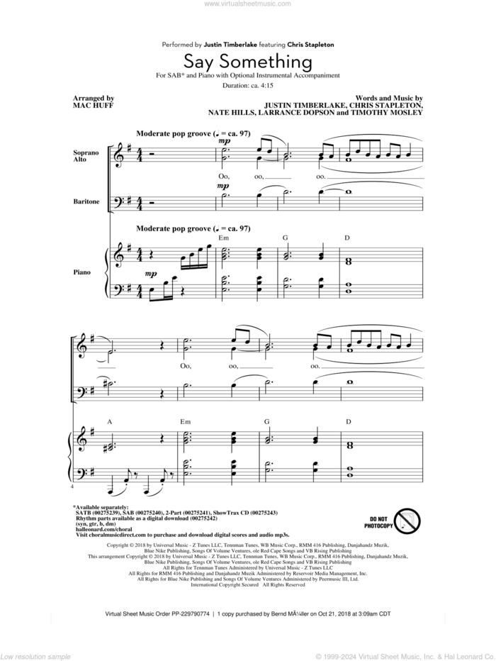 Say Something (feat. Chris Stapleton) (arr. Mac Huff) sheet music for choir (SAB: soprano, alto, bass) by Justin Timberlake, Mac Huff, Justin Timberlake feat. Chris Stapleton, Chris Stapleton, Larrance Dopson, Nate Hills and Tim Mosley, intermediate skill level