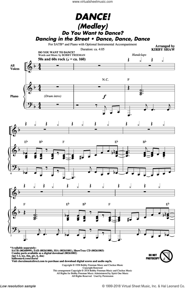 DANCE! (Medley) sheet music for choir (SATB: soprano, alto, tenor, bass) by Brian Wilson, Kirby Shaw, The Beach Boys, Carl Wilson and Mike Love, intermediate skill level