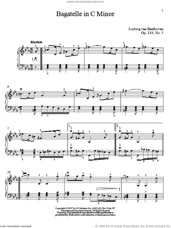 Bagatelle In C Minor, Op. 119, No. 5 sheet music for piano solo by Ludwig van Beethoven and Matthew Edwards, classical score, intermediate skill level