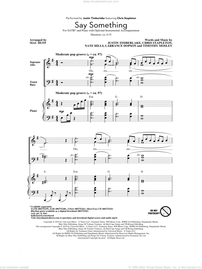 Say Something (feat. Chris Stapleton) (arr. Mac Huff) sheet music for choir (SATB: soprano, alto, tenor, bass) by Justin Timberlake, Mac Huff, Justin Timberlake feat. Chris Stapleton, Chris Stapleton, Larrance Dopson, Nate Hills and Tim Mosley, intermediate skill level