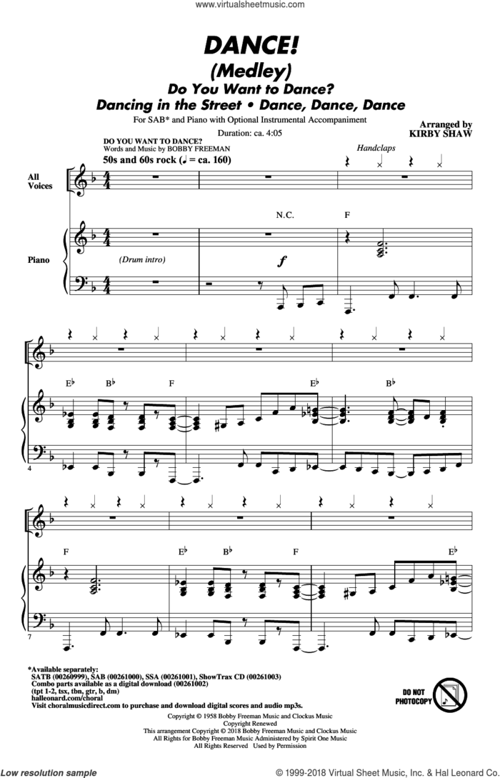 DANCE! (Medley) sheet music for choir (SAB: soprano, alto, bass) by Brian Wilson, Kirby Shaw, The Beach Boys, Carl Wilson and Mike Love, intermediate skill level