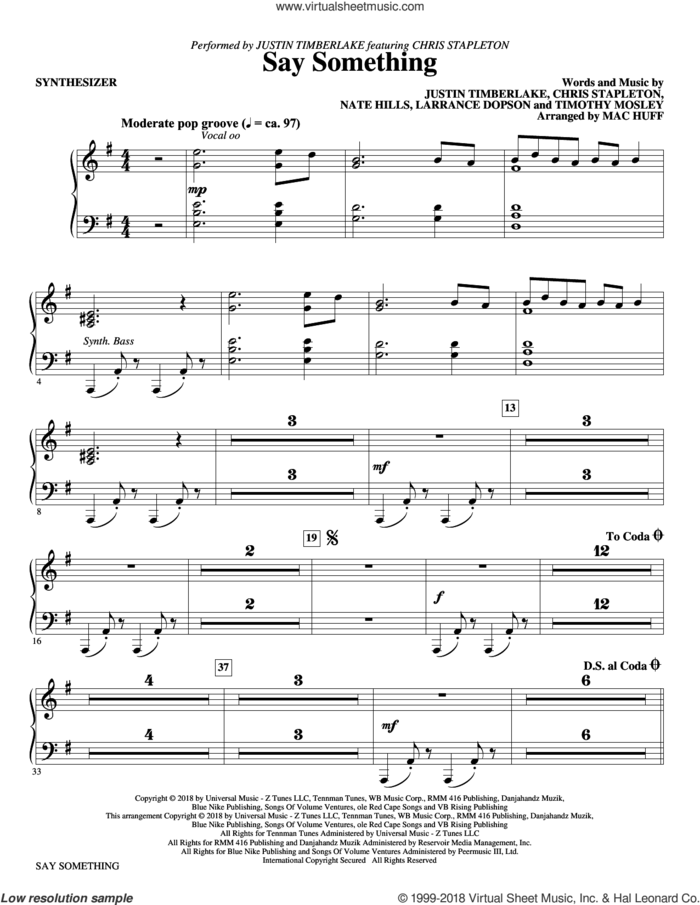 Say Something (feat. Chris Stapleton) (arr. Mac Huff) (complete set of parts) sheet music for orchestra/band by Mac Huff, Chris Stapleton, Justin Timberlake, Justin Timberlake feat. Chris Stapleton, Larrance Dopson, Nate Hills and Tim Mosley, intermediate skill level