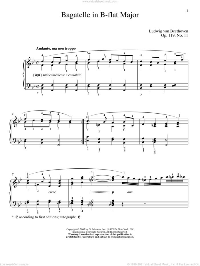 Bagatelle In B-flat Major, Op. 119, No. 11 sheet music for piano solo by Ludwig van Beethoven and Matthew Edwards, classical score, intermediate skill level
