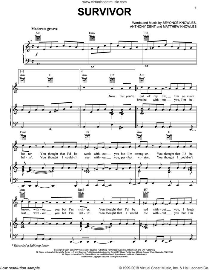 Survivor sheet music for voice, piano or guitar by Destiny's Child, Anthony Dent, Beyonce Knowles, Beyonce and Matthew Knowles, intermediate skill level