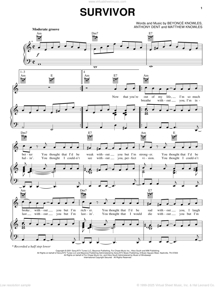 Survivor sheet music for voice, piano or guitar by Destiny's Child, Anthony Dent, Beyonce Knowles, Beyonce and Matthew Knowles, intermediate skill level