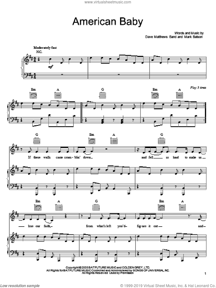 American Baby sheet music for voice, piano or guitar by Dave Matthews Band and Mark Batson, intermediate skill level