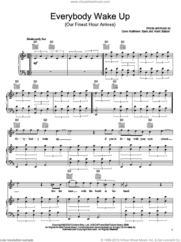 Everybody Wake Up (Our Finest Hour Arrives) sheet music for voice, piano or guitar by Dave Matthews Band and Mark Batson, intermediate skill level