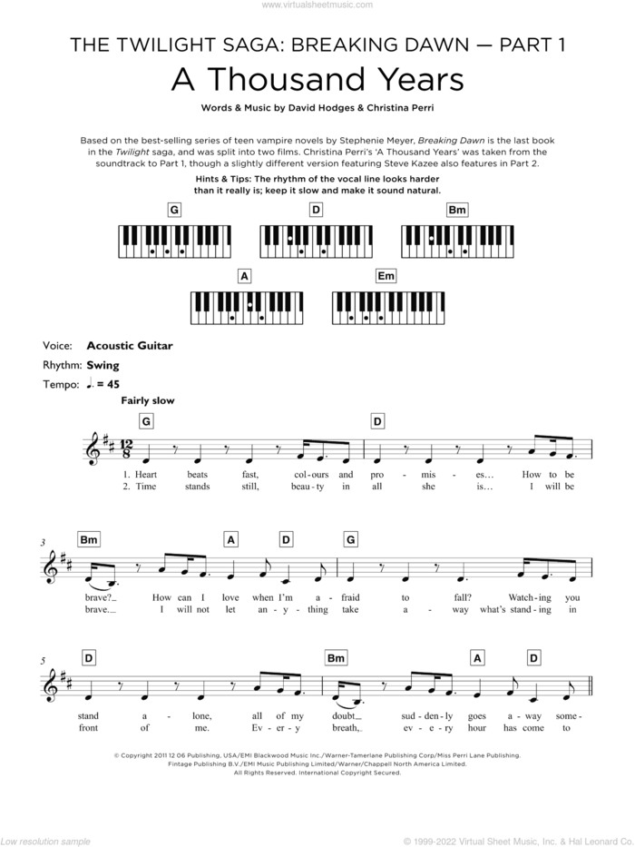 A Thousand Years sheet music for piano solo (keyboard) by Christina Perri and David Hodges, wedding score, intermediate piano (keyboard)