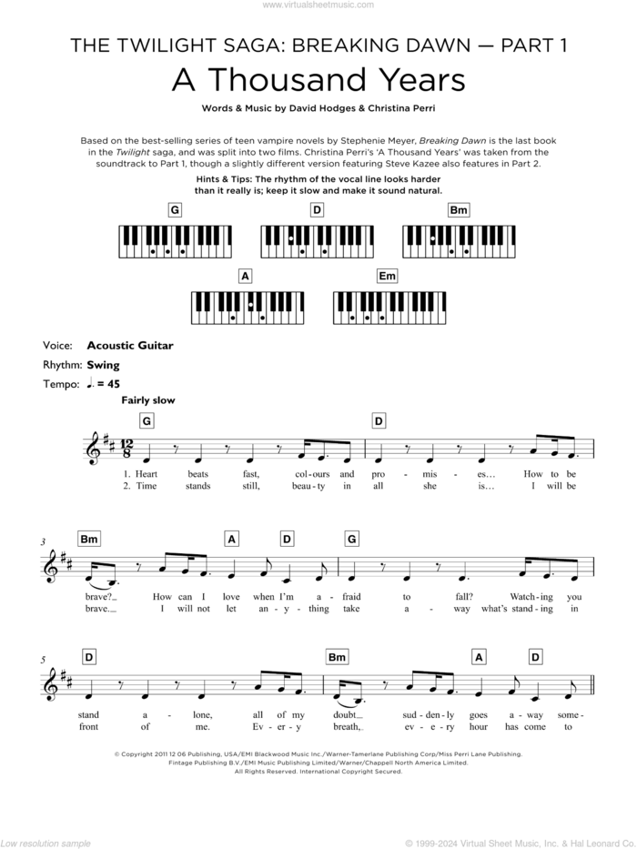 A Thousand Years sheet music for piano solo (keyboard) by Christina Perri and David Hodges, wedding score, intermediate piano (keyboard)