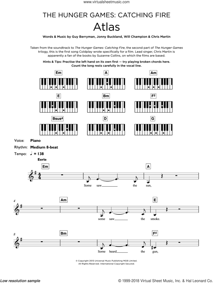 Atlas sheet music for piano solo (keyboard) by Coldplay, Christopher Martin, Guy Berryman, Jonathan Buckland and William Champion, intermediate piano (keyboard)