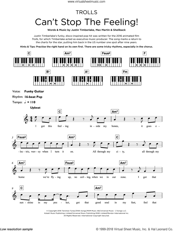 Can't Stop The Feeling sheet music for piano solo (keyboard) by Justin Timberlake, Max Martin and Shellback, intermediate piano (keyboard)