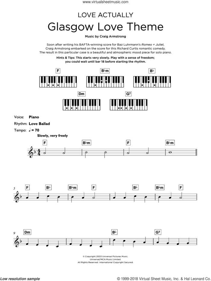Glasgow Love Theme sheet music for piano solo (keyboard) by Craig Armstrong, intermediate piano (keyboard)