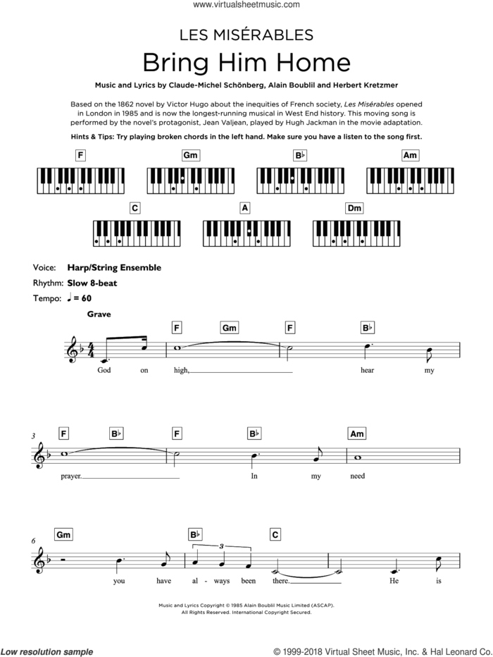 Bring Him Home (from Les Miserables) sheet music for piano solo (keyboard) by Boublil and Schonberg, Alain Boublil, Claude-Michel Schonberg and Herbert Kretzmer, intermediate piano (keyboard)