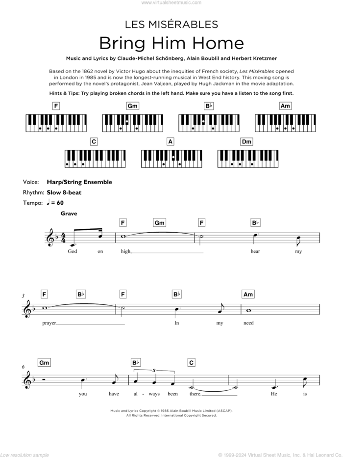 Bring Him Home (from Les Miserables) sheet music for piano solo (keyboard) by Boublil and Schonberg, Alain Boublil, Claude-Michel Schonberg and Herbert Kretzmer, intermediate piano (keyboard)