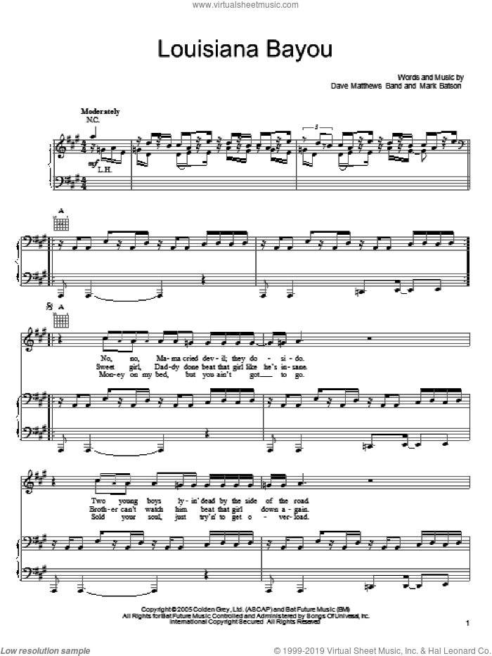 Louisiana Bayou sheet music for voice, piano or guitar by Dave Matthews Band and Mark Batson, intermediate skill level