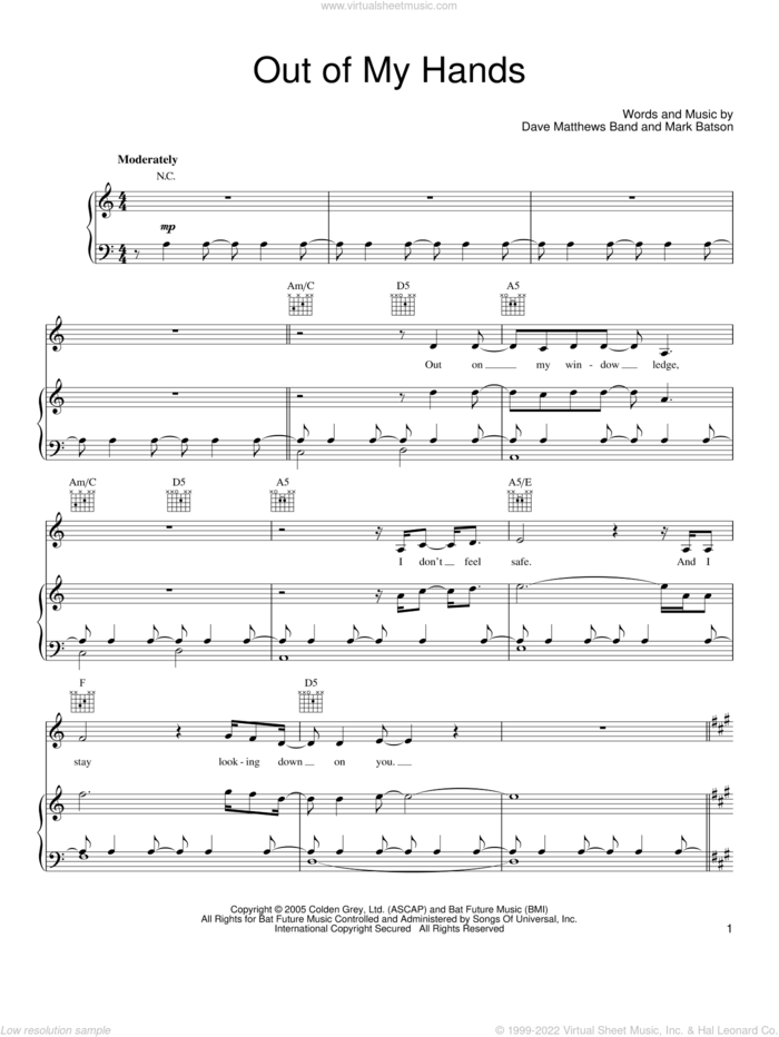 Out Of My Hands sheet music for voice, piano or guitar by Dave Matthews Band and Mark Batson, intermediate skill level