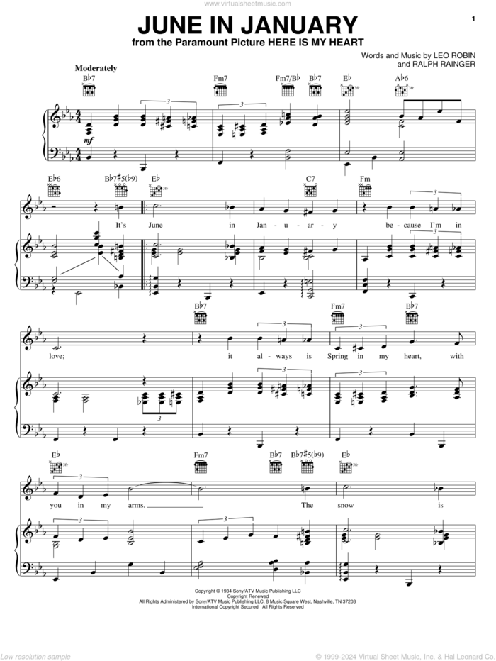 June In January sheet music for voice, piano or guitar by Ralph Rainger and Leo Robin, intermediate skill level