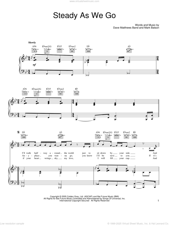 Steady As We Go sheet music for voice, piano or guitar by Dave Matthews Band and Mark Batson, intermediate skill level