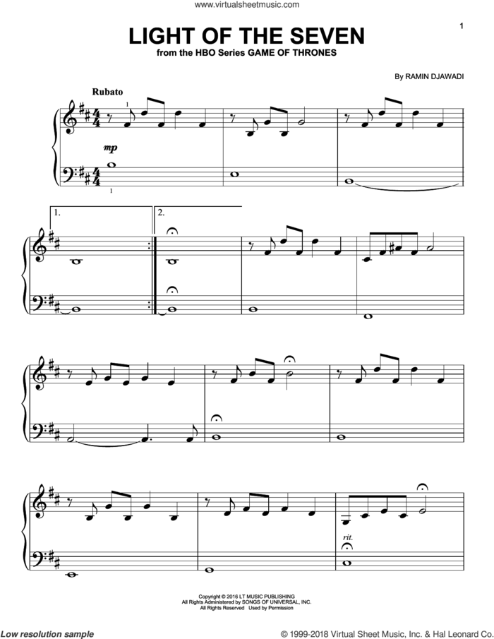 Light Of The Seven (from Game of Thrones), (easy) sheet music for piano solo by Ramin Djawadi, classical score, easy skill level