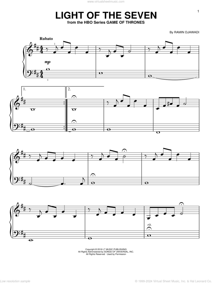 Light Of The Seven (from Game of Thrones), (easy) sheet music for piano solo by Ramin Djawadi, classical score, easy skill level