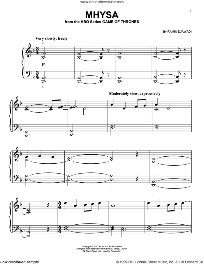 Mhysa (from Game of Thrones), (easy) sheet music for piano solo by Ramin Djawadi, classical score, easy skill level