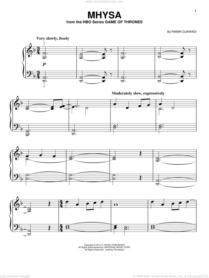 Mhysa (from Game of Thrones), (easy) sheet music for piano solo by Ramin Djawadi, classical score, easy skill level