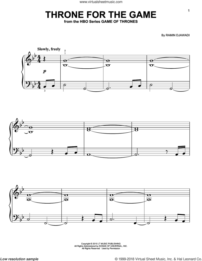 Throne For The Game (from Game of Thrones), (easy) sheet music for piano solo by Ramin Djawadi, classical score, easy skill level