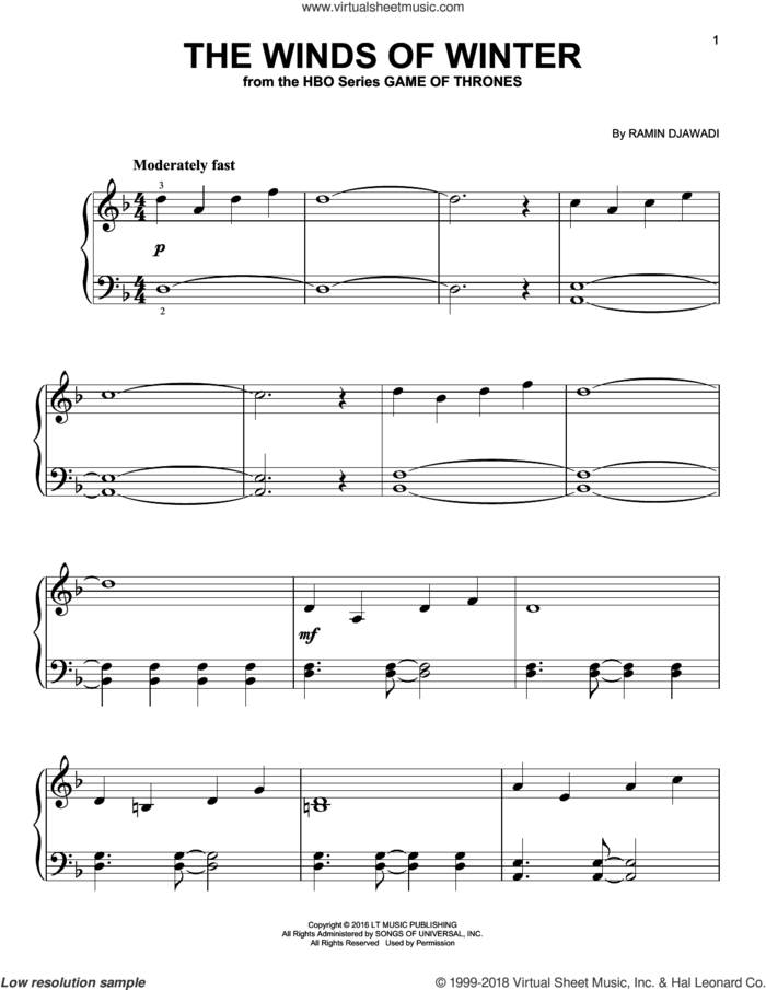 The Winds Of Winter (from Game of Thrones), (easy) sheet music for piano solo by Ramin Djawadi, classical score, easy skill level