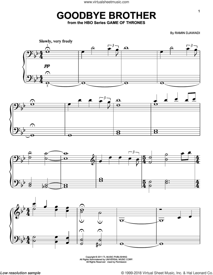 Goodbye Brother (from Game of Thrones), (easy) sheet music for piano solo by Ramin Djawadi, classical score, easy skill level