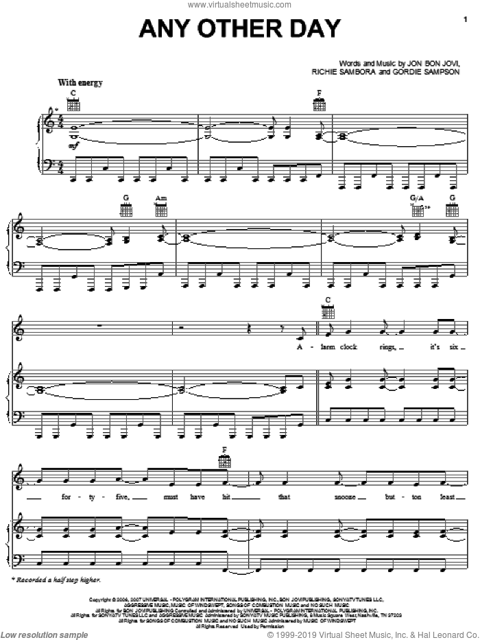 Any Other Day sheet music for voice, piano or guitar by Bon Jovi, Gordie Sampson and Richie Sambora, intermediate skill level