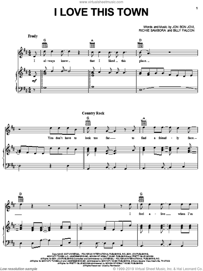 I Love This Town sheet music for voice, piano or guitar by Bon Jovi, Billy Falcon and Richie Sambora, intermediate skill level