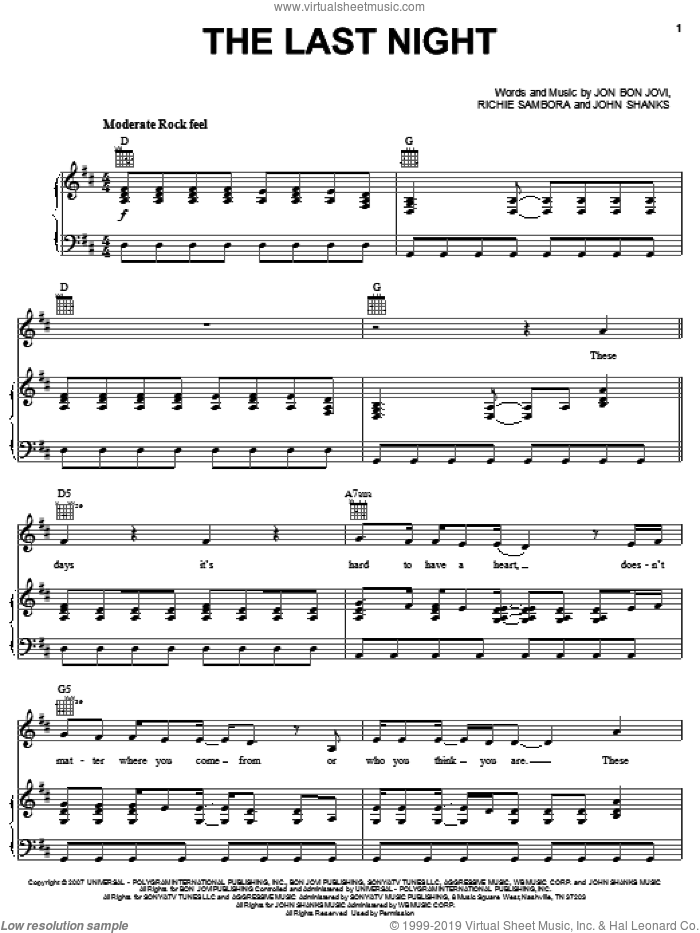 The Last Night sheet music for voice, piano or guitar by Bon Jovi, John Shanks and Richie Sambora, intermediate skill level