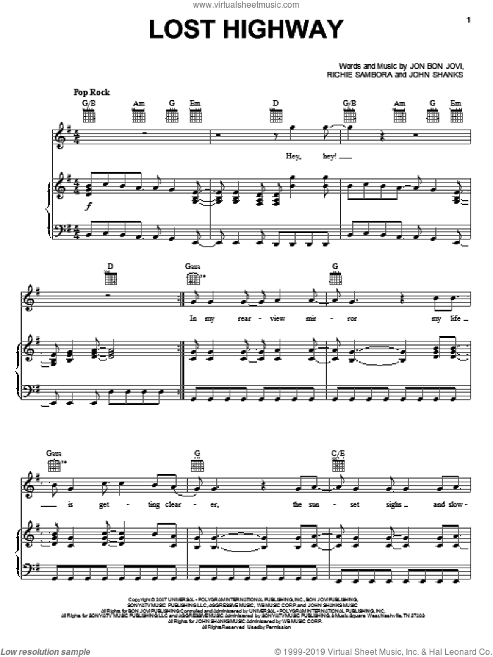 Lost Highway sheet music for voice, piano or guitar by Bon Jovi, John Shanks and Richie Sambora, intermediate skill level