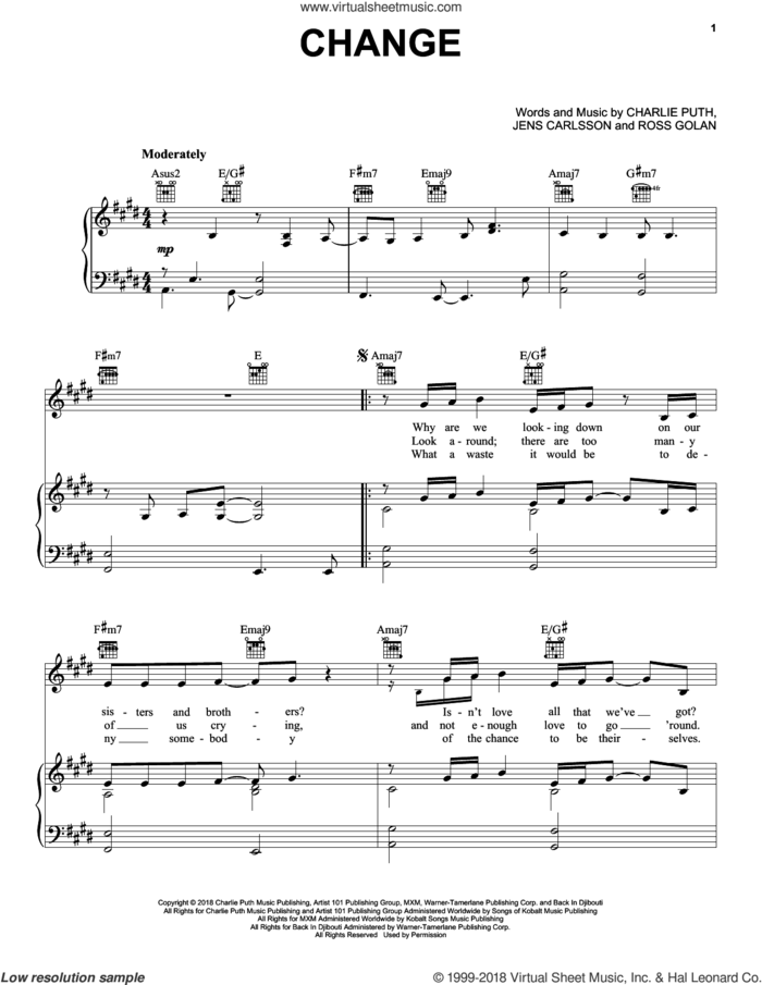 Change sheet music for voice, piano or guitar by Charlie Puth featuring James Taylor, Charlie Puth, Jens Carlsson and Ross Golan, intermediate skill level