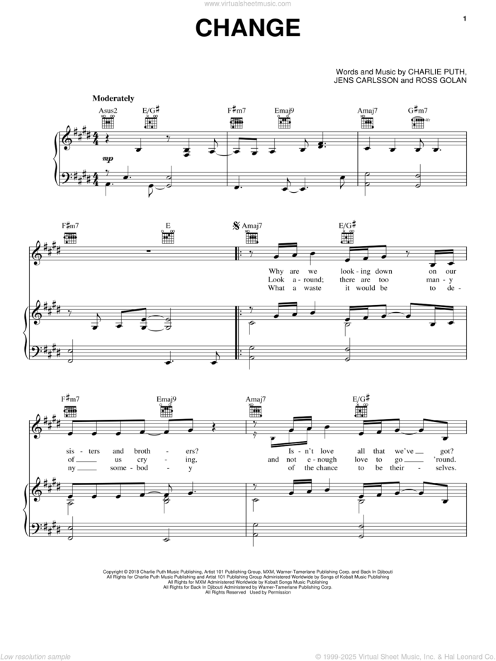 Change sheet music for voice, piano or guitar by Charlie Puth featuring James Taylor, Charlie Puth, Jens Carlsson and Ross Golan, intermediate skill level