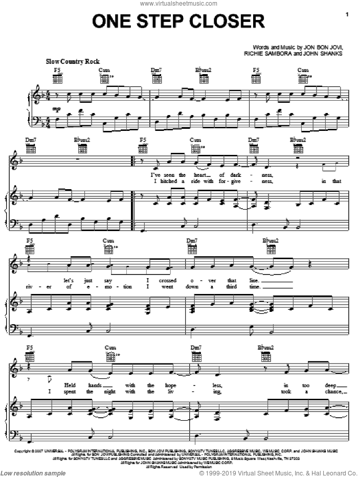 One Step Closer sheet music for voice, piano or guitar by Bon Jovi, John Shanks and Richie Sambora, intermediate skill level