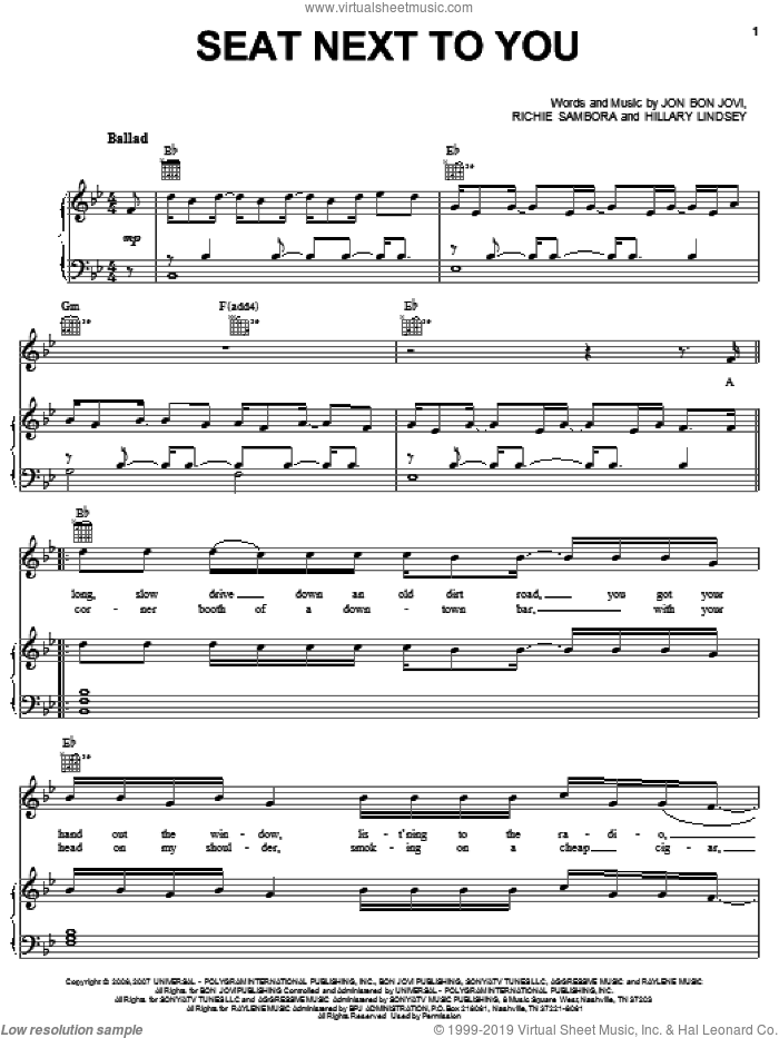 Seat Next To You sheet music for voice, piano or guitar by Bon Jovi, Hillary Lindsey and Richie Sambora, intermediate skill level