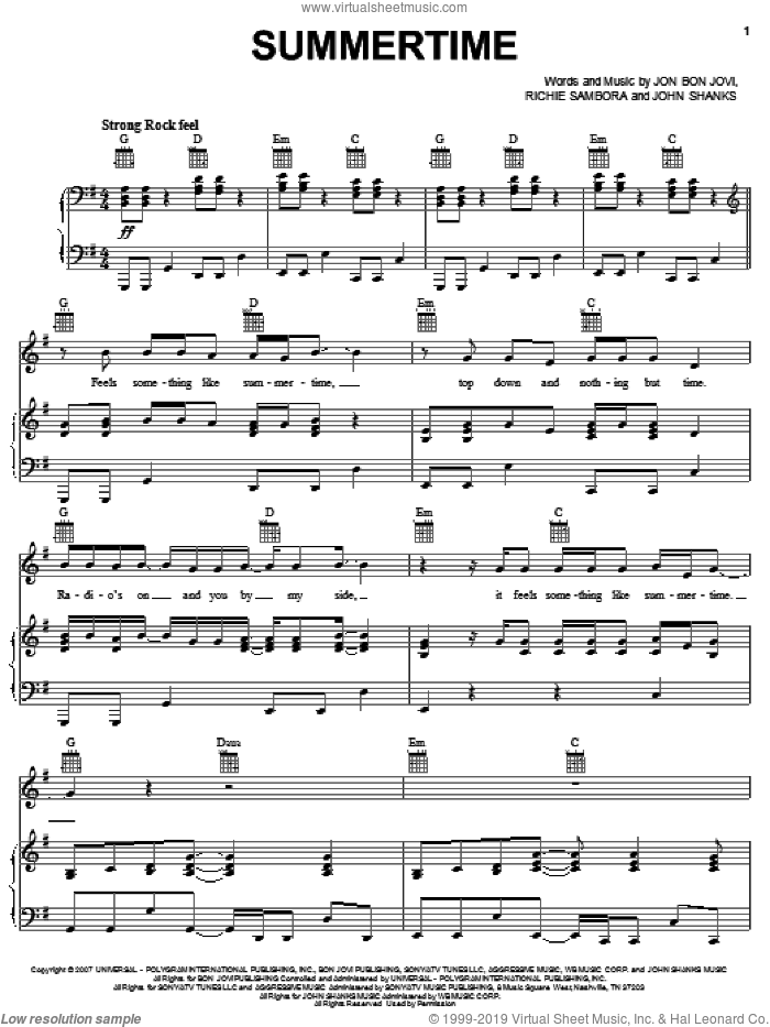 Summertime sheet music for voice, piano or guitar by Bon Jovi, John Shanks and Richie Sambora, intermediate skill level