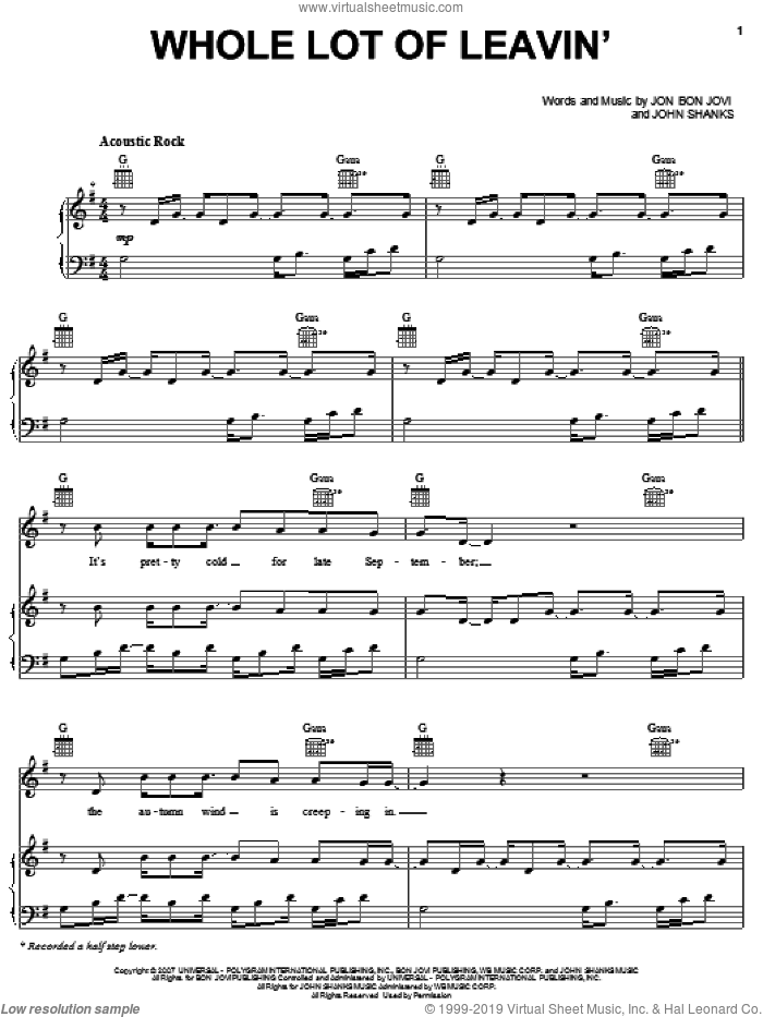 Whole Lot Of Leavin' sheet music for voice, piano or guitar by Bon Jovi and John Shanks, intermediate skill level