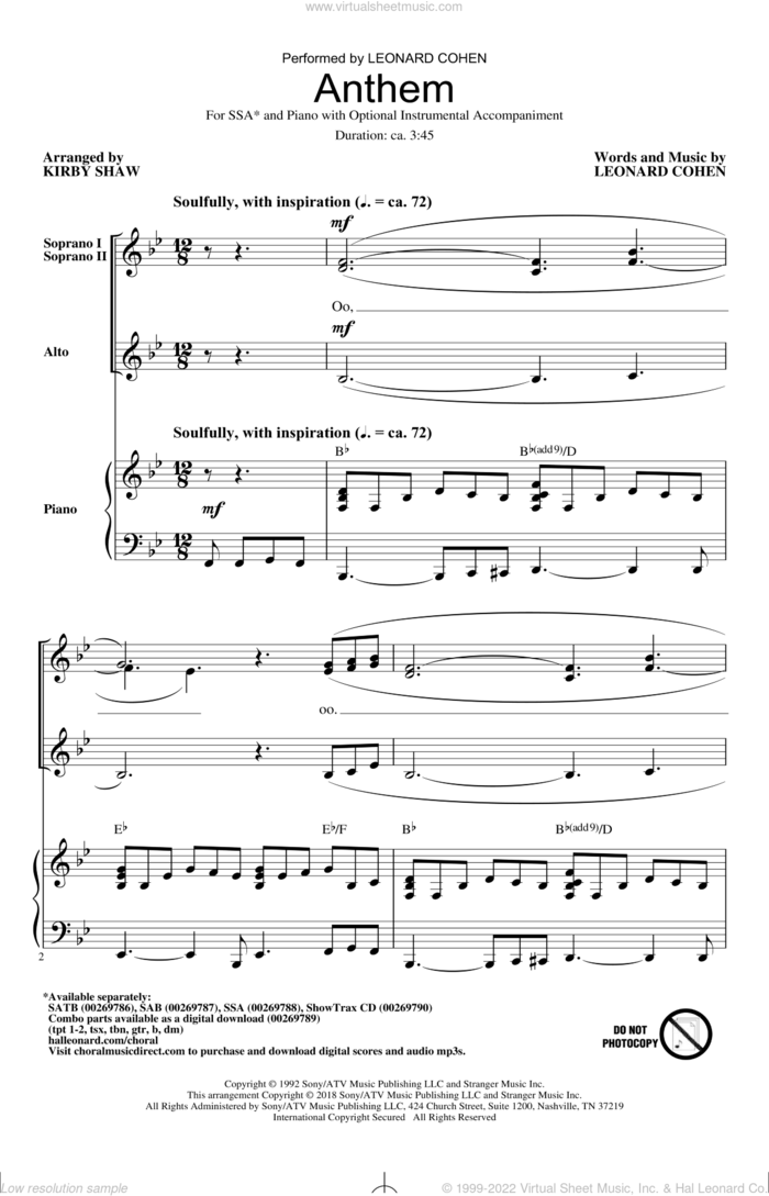 Anthem sheet music for choir (SSA: soprano, alto) by Leonard Cohen and Kirby Shaw, intermediate skill level