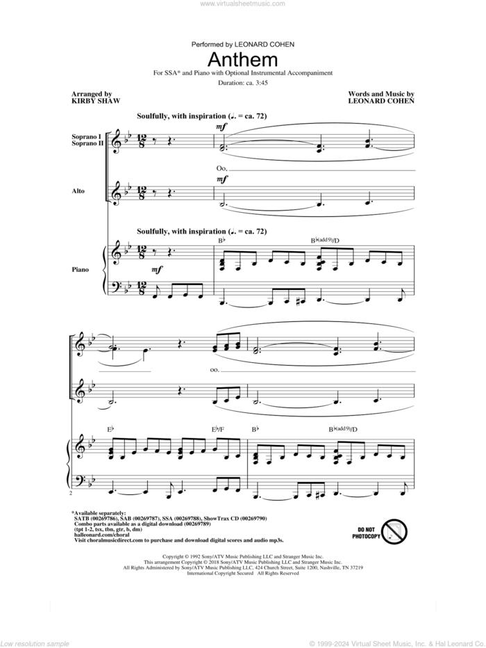 Anthem sheet music for choir (SSA: soprano, alto) by Leonard Cohen and Kirby Shaw, intermediate skill level