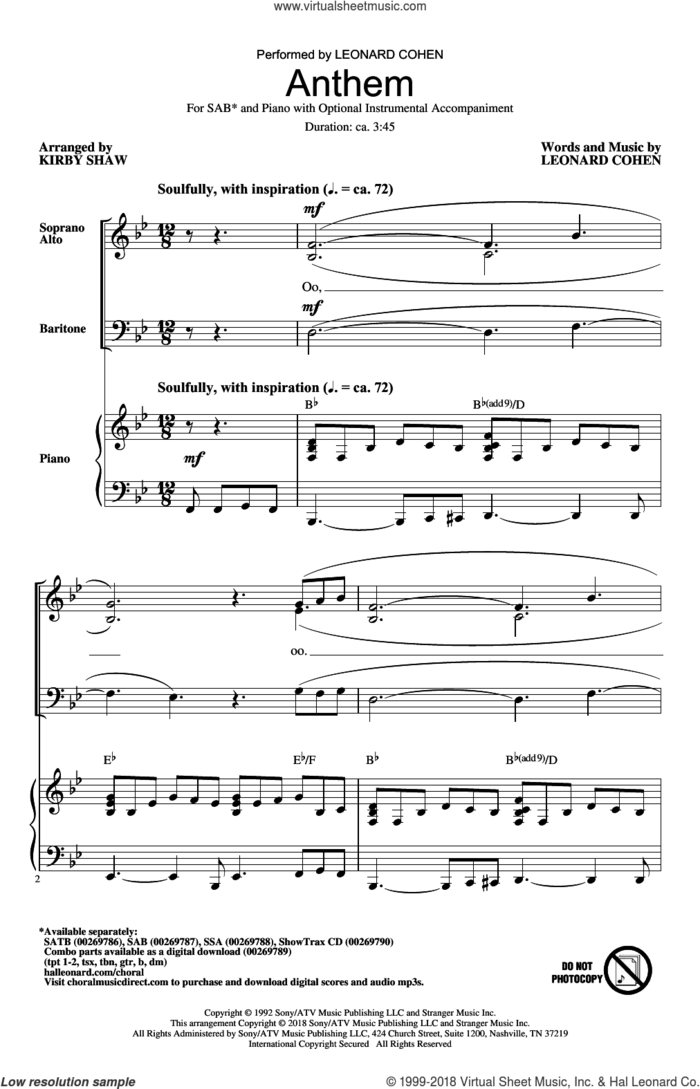 Anthem sheet music for choir (SAB: soprano, alto, bass) by Leonard Cohen and Kirby Shaw, intermediate skill level