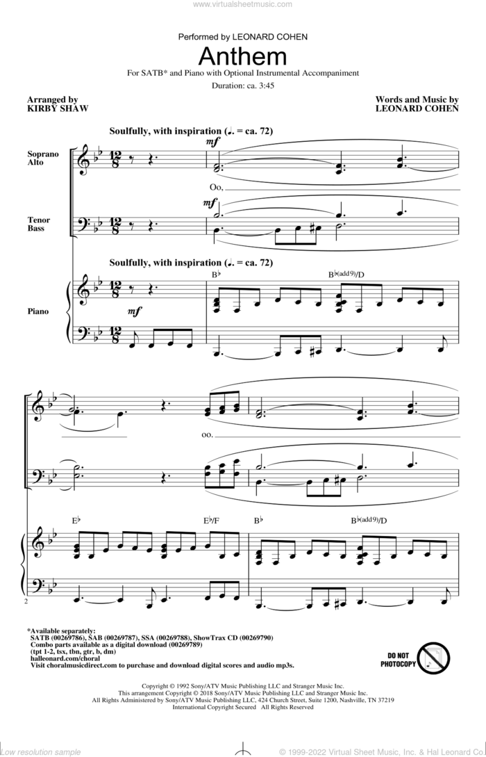Anthem sheet music for choir (SATB: soprano, alto, tenor, bass) by Leonard Cohen and Kirby Shaw, intermediate skill level