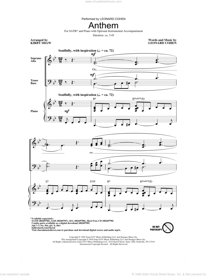 Anthem sheet music for choir (SATB: soprano, alto, tenor, bass) by Leonard Cohen and Kirby Shaw, intermediate skill level