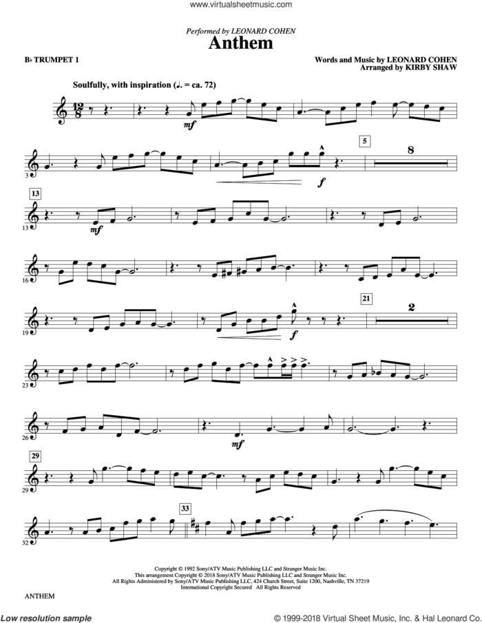 Anthem (complete set of parts) sheet music for orchestra/band by Kirby Shaw and Leonard Cohen, intermediate skill level
