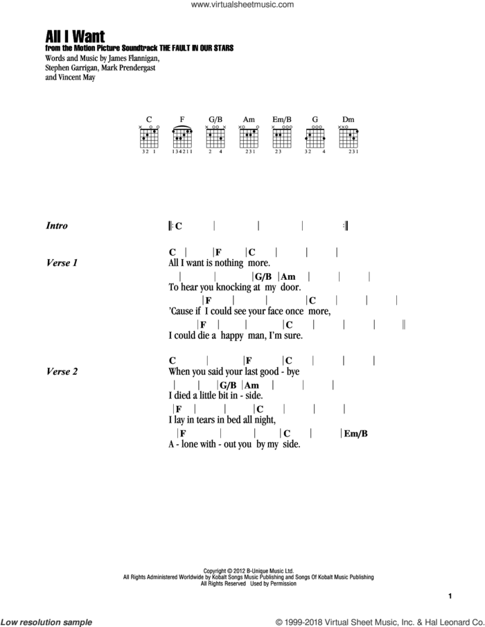 All I Want sheet music for guitar (chords) by Kodaline, James Flannigan, Mark Prendergast, Stephen Garrigan and Vincent May, intermediate skill level