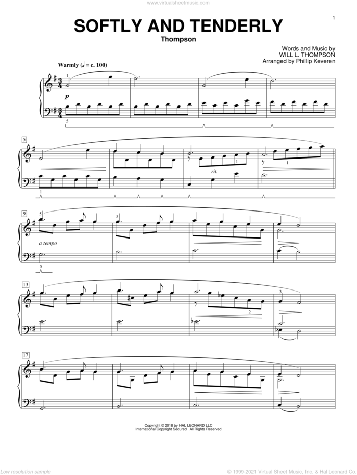 Softly And Tenderly [Classical version] (arr. Phillip Keveren) sheet music for piano solo by Will L. Thompson and Phillip Keveren, classical score, intermediate skill level