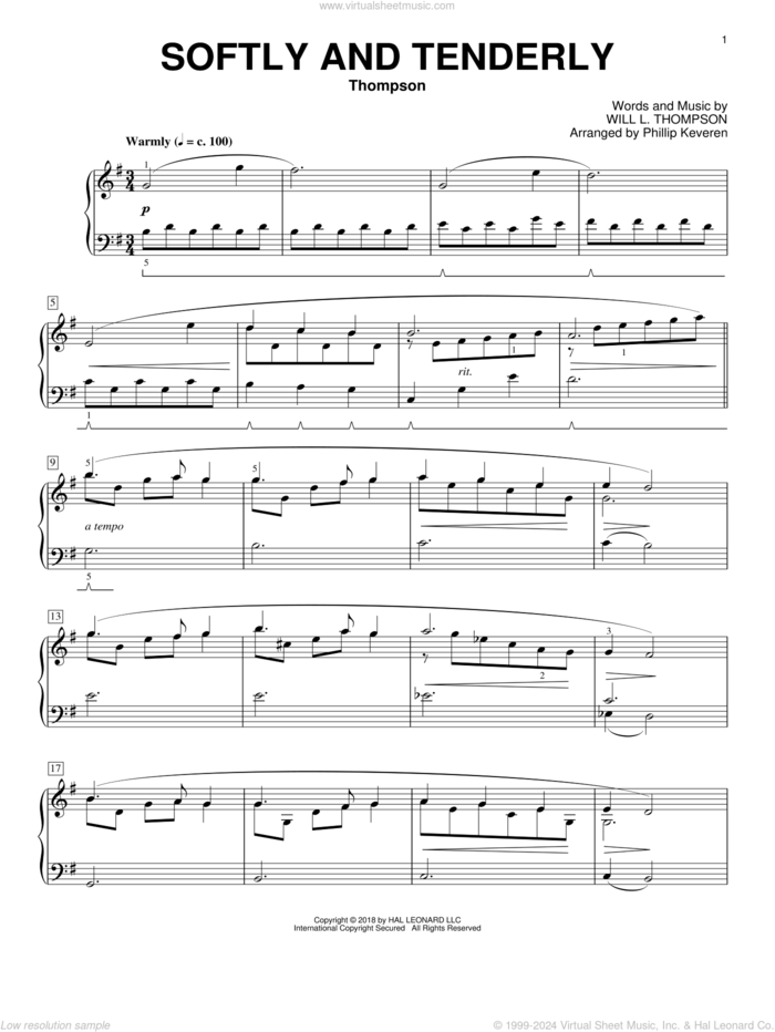 Softly And Tenderly [Classical version] (arr. Phillip Keveren) sheet music for piano solo by Will L. Thompson and Phillip Keveren, classical score, intermediate skill level